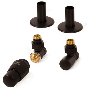 Terma Vario Royal Black Angled Thermostatic Radiator Valves with Pipe Cover Set