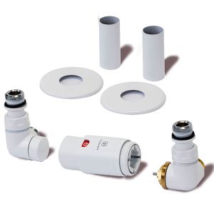 Terma Vario Vision 3 Axis White Corner Thermostatic Radiator Valves Right Sided with Pipe Cover Set